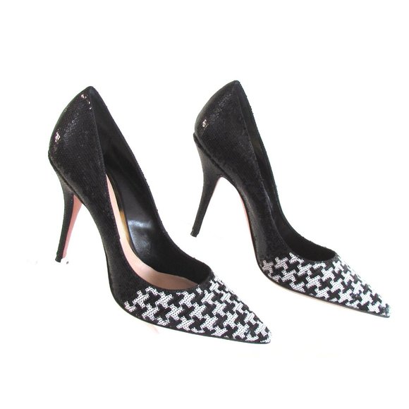 Designer Sebastian Two Tone Black White Sequin Pointy Toe High Heel Pumps 8.M - Picture 1 of 12